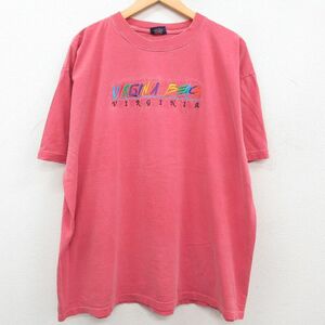 XL/古着 半袖 ビンテージ Tシャツ メンズ 90s バージニア ビーチ 刺繍 大きいサイズ コットン クルーネック 薄赤 レッド 23aug31 中古