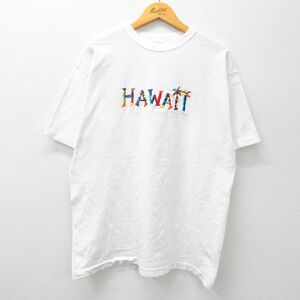 XL/古着 半袖 ビンテージ Tシャツ メンズ 00s ハワイ 刺繍 クルーネック 白 ホワイト 23sep07 中古