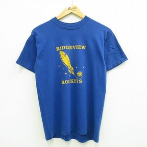 M/古着 半袖 ビンテージ Tシャツ メンズ 90s ロケット 星 クルーネック 青 ブルー 23jul14 中古