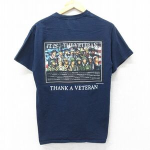 M/古着 半袖 ビンテージ Tシャツ メンズ 00s ミリタリー VETERAN コットン クルーネック 紺 ネイビー 23aug24 中古