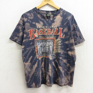 L/古着 アメリカンイーグル 半袖 ビンテージ Tシャツ メンズ 90s ベースボール 野球 コットン クルーネック 紺 ネイビー ブリーチ加工