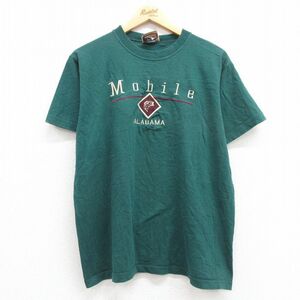 L/古着 半袖 ビンテージ Tシャツ メンズ 90s Mobile 魚 刺繍 コットン クルーネック 濃緑 グリーン 23jun23 中古
