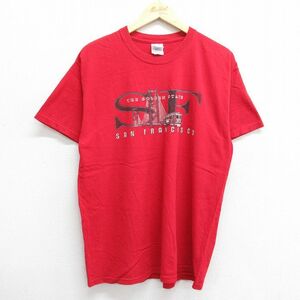 L/古着 半袖 ビンテージ Tシャツ メンズ 00s サンフランシスコ ゴールデンゲートブリッジ コットン クルーネック 赤 レッド 23aug23 中