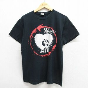 M/古着 半袖 ビンテージ ロック バンド Tシャツ メンズ 00s ライズアゲインスト コットン クルーネック 黒 ブラック 23may09 中古