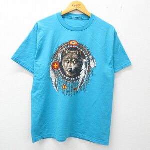 L/古着 半袖 ビンテージ Tシャツ メンズ 00s オオカミ ドリームキャッチャー クルーネック 水色 23jul12 中古