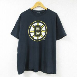 XL/Используемая одежда с коротким рукавом винтаж T -Fork Men's 00S NHL Boston Blue INSE Corporate Adverte Black Black Hockey 23may15