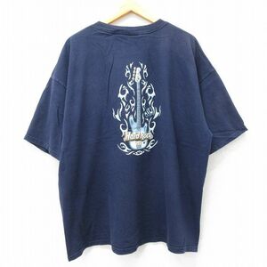 XL/古着 半袖 ビンテージ Tシャツ メンズ 00s ハードロックカフェ ギター 大きいサイズ コットン クルーネック 紺 ネイビー spe 23aug0