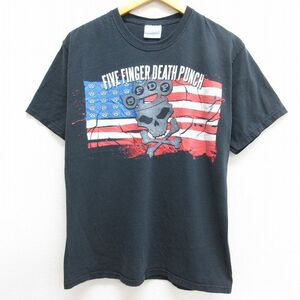 M/古着 ヘインズ 半袖 ビンテージ ロック バンド Tシャツ メンズ 00s ファイブフィンガーデスパンチ コットン クルーネック 黒 ブラッ