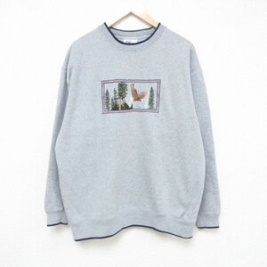 XL/古着 長袖 スウェット メンズ 00s 鳥 木 刺繍 クルーネック グレー 霜降り 23dec11 中古 スエット トレーナー トップス