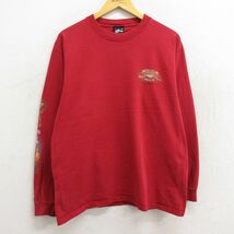 L/古着 長袖 ビンテージ Tシャツ メンズ 90s プラネットハリウッド BREW ビーチ クルーネック 赤 レッド 23jun01 中古_画像2