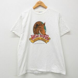 L/古着 ヘインズ 半袖 ビンテージ Tシャツ メンズ 90s イノシシ 両面プリント コットン クルーネック 白 ホワイト spe 23mar17 中古