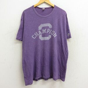 XL/古着 チャンピオン champion 半袖 Tシャツ メンズ ビッグロゴ ランナーズタグ 大きいサイズ クルーネック 紫 パープル 霜降り 23mar