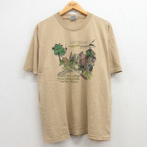 XL/古着 ヘインズ 半袖 ビンテージ Tシャツ メンズ 90s ラスベガス 剣 建物 スカル 大きいサイズ クルーネック ベージュ カーキ spe 23