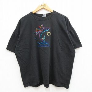 XL/古着 半袖 ビンテージ Tシャツ メンズ 00s バルバドス 魚 刺繍 大きいサイズ コットン クルーネック 黒 ブラック 23mar23 中古