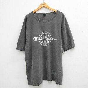 XL/古着 チャンピオン champion 半袖 ビンテージ Tシャツ メンズ 90s ビッグロゴ 大きいサイズ ロング丈 コットン クルーネック グレー