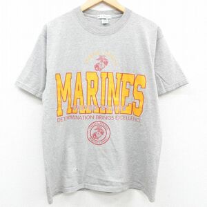 L/古着 半袖 ビンテージ Tシャツ メンズ 90s ミリタリー マリーンズ センパーフィデイルス アメリカ海兵隊 グレー 霜降り 23apr13 中古