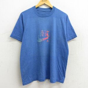 L/古着 ナイキ NIKE 半袖 ビンテージ Tシャツ メンズ 80s ビッグロゴ クルーネック 青 ブルー 霜降り 23apr12 中古