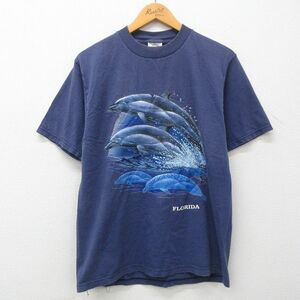 L/古着 半袖 ビンテージ Tシャツ メンズ 90s フロリダ イルカ コットン クルーネック 紺 ネイビー 23apr26 中古