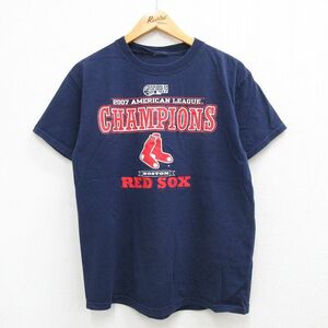 M/古着 半袖 ビンテージ Tシャツ メンズ 00s MLB ボストンレッドソックス ワールドシリーズ クルーネック 紺 ネイビー メジャーリーグ