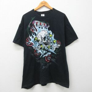 XL/古着 半袖 ビンテージ Tシャツ メンズ 00s スカル バラ 大きいサイズ コットン クルーネック 黒 ブラック spe 23apr28 中古