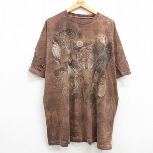 XL/古着 半袖 ビンテージ Tシャツ メンズ 00s オオカミ シカ 大きいサイズ ロング丈 クルーネック 茶他 ブラウン タイダイ 23apr26 中