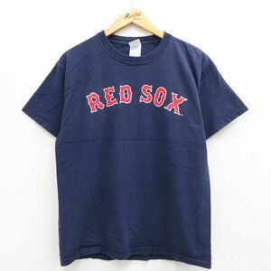 M/古着 半袖 ビンテージ Tシャツ メンズ 00s MLB ボストンレッドソックス デビッドオルティーズ 42 コットン クルーネック 紺 ネイビー
