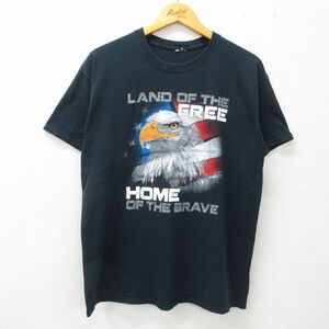 L/古着 半袖 ビンテージ Tシャツ メンズ 00s ワシ 星条旗 クルーネック 紺 ネイビー 23may12 中古