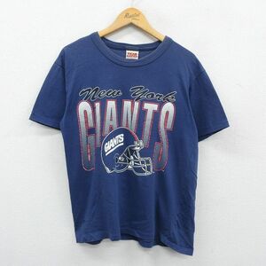 L/古着 半袖 ビンテージ Tシャツ メンズ 90s NFL ニューヨークジャイアンツ コットン クルーネック 紺 ネイビー アメフト スーパーボウ
