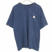 XL/古着 カーハート Carhartt 半袖 ブランド Tシャツ メンズ ワンポイントロゴ 胸ポケット付き 大きいサイズ コットン クルーネック 紺_画像1