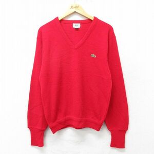 L/古着 ラコステ LACOSTE IZOD 長袖 ブランド セーター メンズ 90s ワンポイントロゴ アクリル Vネック 赤 レッド 23dec06 中古 ニット