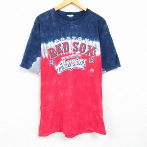 XL/古着 マジェスティック 半袖 Tシャツ メンズ MLB ボストンレッドソックス クルーネック 紺他 ネイビー タイダイ メジャーリーグ ベ