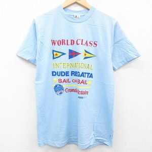 L/古着 半袖 ビンテージ Tシャツ メンズ 80s WORLD CLASS コットン クルーネック 水色 23jul01 中古