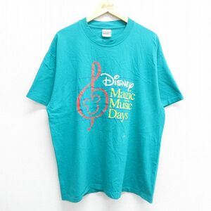 XL/古着 ヘインズ 半袖 ビンテージ Tシャツ メンズ 90s ディズニー 音符 コットン クルーネック 青緑 23jul08 中古