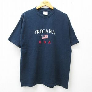 XL/古着 半袖 ビンテージ Tシャツ メンズ 00s インディアナ 星条旗 刺繍 コットン クルーネック 紺 ネイビー 23jul08 中古