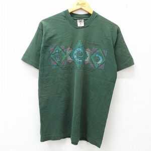L/古着 半袖 ビンテージ Tシャツ メンズ 90s ココペリ ホピ族 トカゲ コットン クルーネック 濃緑 グリーン 23jul08 中古
