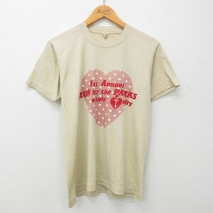 M/古着 半袖 ビンテージ Tシャツ メンズ 80s RUN ハート クルーネック ベージュ カーキ 23jul12 中古