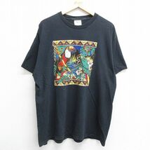 XL/古着 半袖 ビンテージ Tシャツ メンズ 90s オウム ヘビ 花 大きいサイズ コットン クルーネック 黒 ブラック 23jul22 中古_画像1