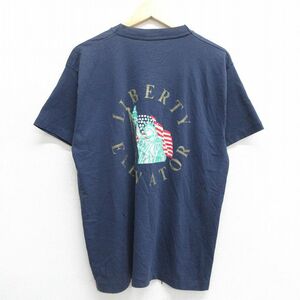 L/古着 半袖 ビンテージ Tシャツ メンズ 90s 自由の女神 星条旗 クルーネック 紺 ネイビー 23jul22 中古