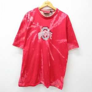 XL/古着 半袖 ビンテージ Tシャツ メンズ 00s オハイオ バックアイズ ロング丈 コットン クルーネック 赤 レッド ブリーチ加工 23aug01