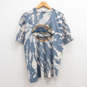 XL/古着 半袖 ビンテージ Tシャツ メンズ 90s 魚 マグロ 大きいサイズ コットン クルーネック 薄紺 ネイビー ブリーチ加工 23aug16 中