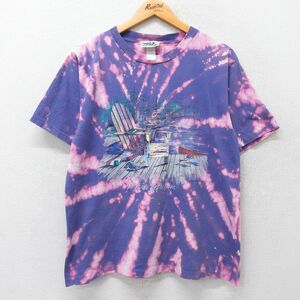 L/古着 半袖 ビンテージ Tシャツ メンズ 90s Dockside Reflections イス クルーネック 紫 パープル ブリーチ加工 23aug18 中古