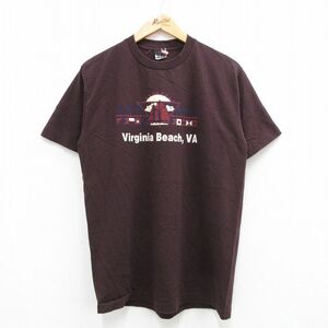 L/古着 半袖 ビンテージ Tシャツ メンズ 90s バージニアビーチ コットン クルーネック こげ茶 ブラウン 23aug18 中古