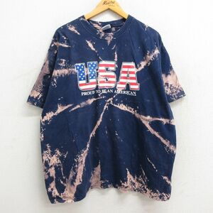 XL/古着 ヘインズ 半袖 ビンテージ Tシャツ メンズ 00s USAロゴ 大きいサイズ コットン クルーネック 紺他 ネイビー ブリーチ加工 23se