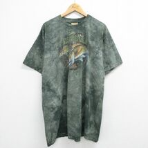 XL/古着 半袖 ビンテージ Tシャツ メンズ 00s 魚 大きいサイズ ロング丈 コットン クルーネック 緑他 グリーン タイダイ 23sep11 中古_画像1