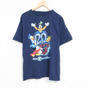 L/古着 ヘインズ Hanes 半袖 Tシャツ メンズ ディズニー DISNEY ミッキー MICKEY MOUSE グーフィー コットン クルーネック 紺 ネイビー