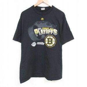 XL/古着 マジェスティック 半袖 Tシャツ メンズ NHL ボストンブルーインズ 大きいサイズ コットン クルーネック 黒 ブラック アイスホ