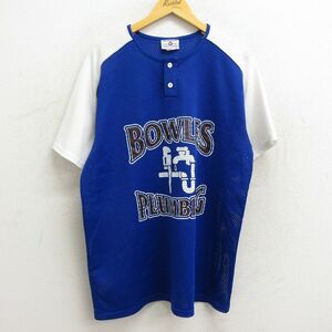 XL/古着 半袖 ビンテージ Tシャツ メンズ 90s BOWLES PLUMBING 1 ラグラン 大きいサイズ メッシュ地 ヘンリーネック 青他 ブルー ユニ