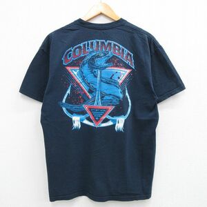 L/古着 コロンビア 半袖 ブランド Tシャツ メンズ PFG 魚 ルアー コットン クルーネック 紺 ネイビー 23sep08 中古