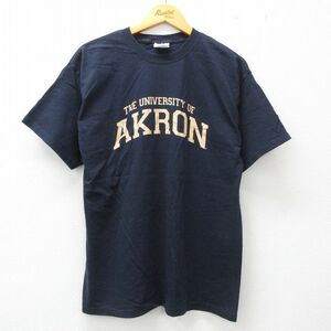 L/古着 ヘインズ 半袖 ビンテージ Tシャツ メンズ 00s アクロン大学 コットン クルーネック 濃紺 ネイビー 23apr27 中古