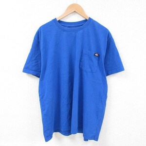 XL/古着 ディッキーズ Dickies 半袖 ブランド Tシャツ メンズ ワンポイントロゴ 胸ポケット付き 大きいサイズ クルーネック 青 ブルー